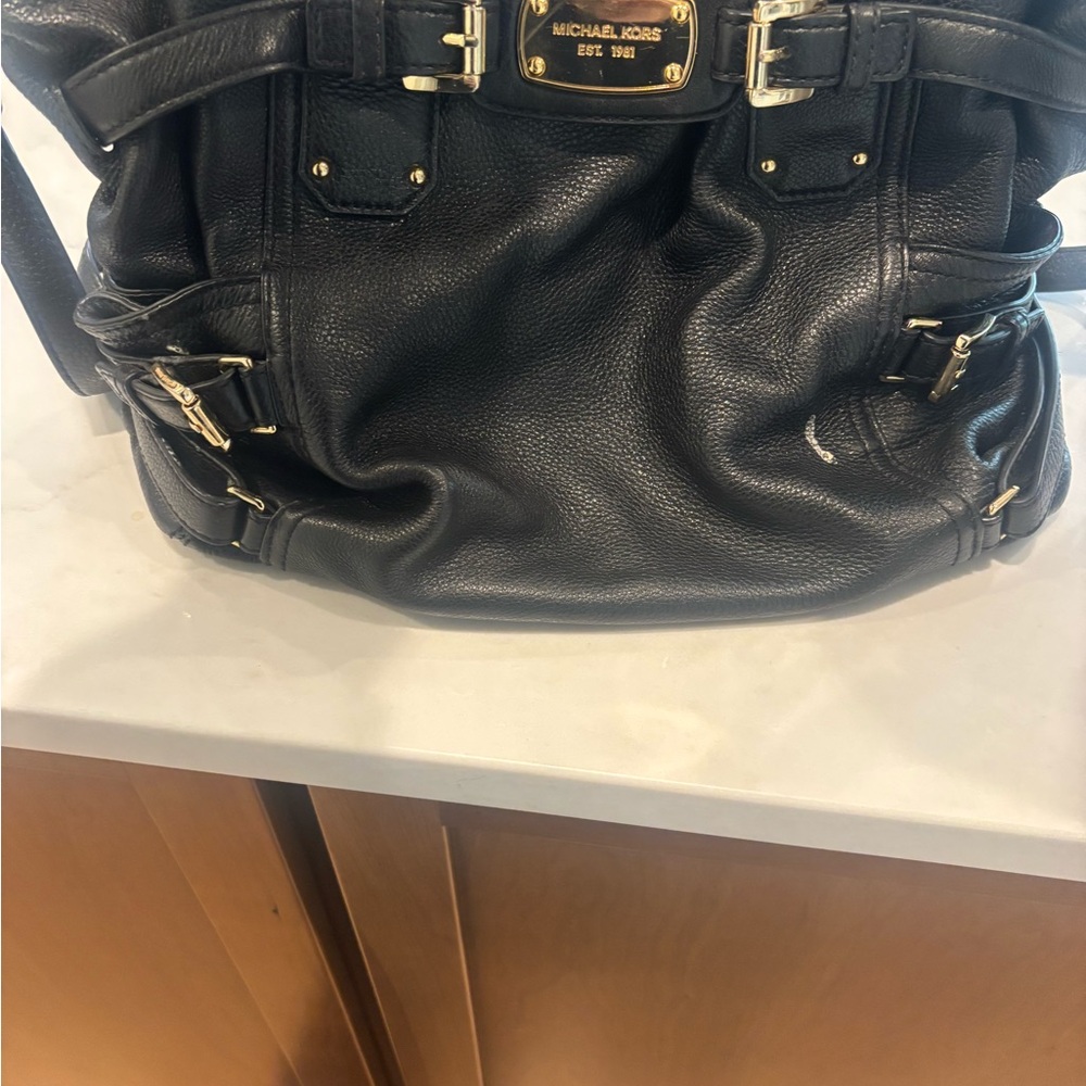 Michael Kors Black Leather Shoulder Bag with Gold Accents